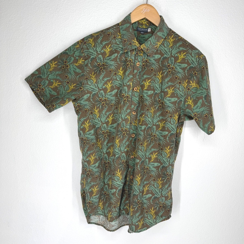 Earthbound Trading Tropical Palm Leaf Floral Cotton Button Shirt Small Resort